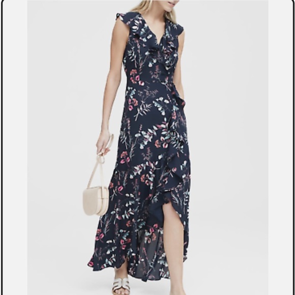 Banana Republic Dress Preppy Navy Floral Faux Wrap High low Lined side‎ zip 8 - Picture 1 of 9